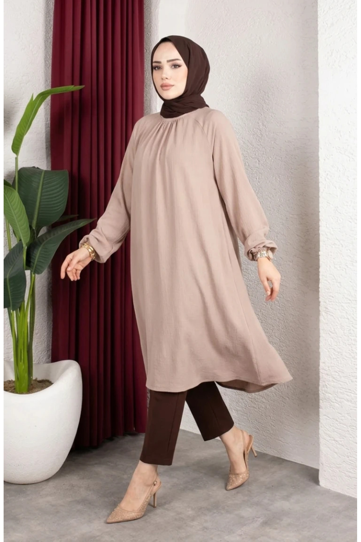 sefamerve Bürümcük Kumaş Reglan Kol Uzun Tunik 0902-06 Bej görsel 2
