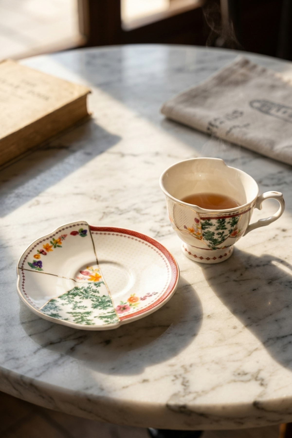 ست فنجان چای با بشقاب طرح گل و جزئیات طلایی مدل W64319B8