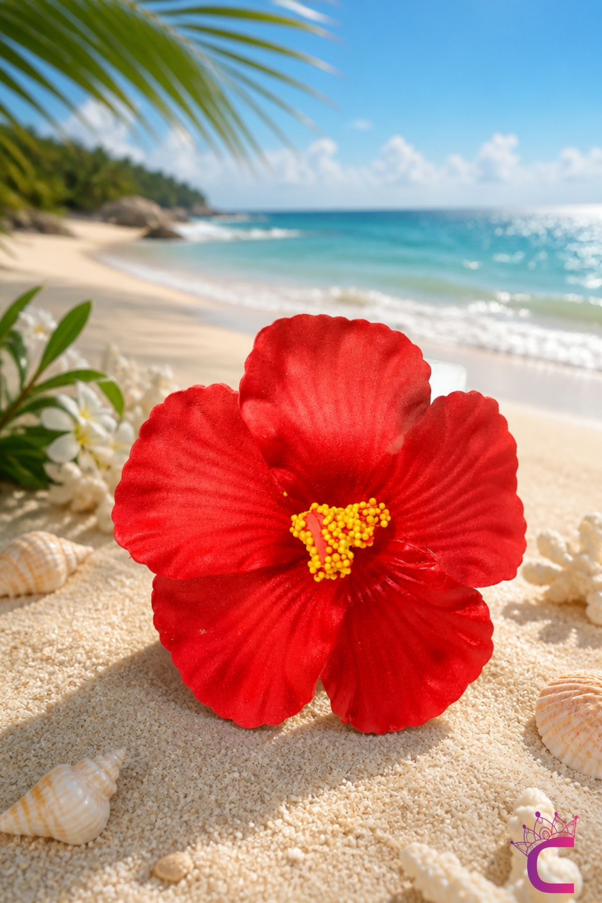 Cinderella Kırmızı Japon Gülü Hibiskus Çiçeği Pens Saç Tokası 10cm - Hawaii Renkli Plaj Yazlık Klipsli Yan Toka görsel 2