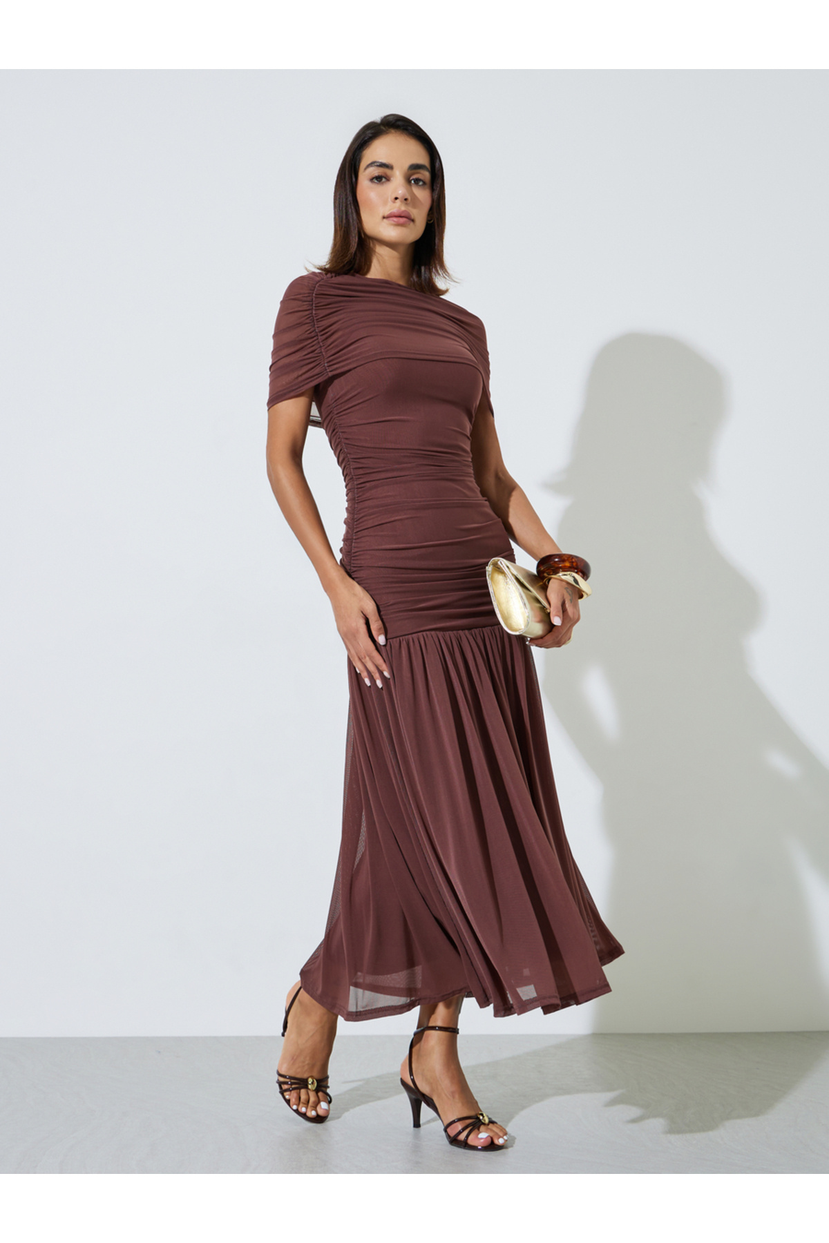 Styli Brown Mesh Drop Waist A-Line Maxi Dress