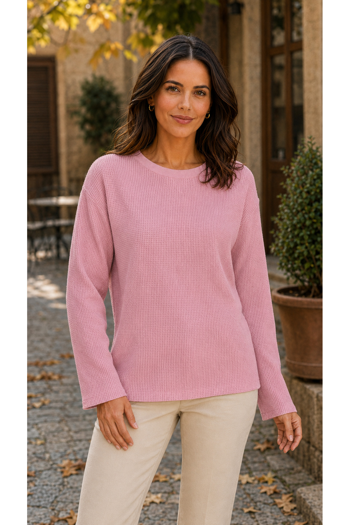 TREND EMMODA Women's Solid Color Simple Waffle Textured Round Neck Sweatshirt