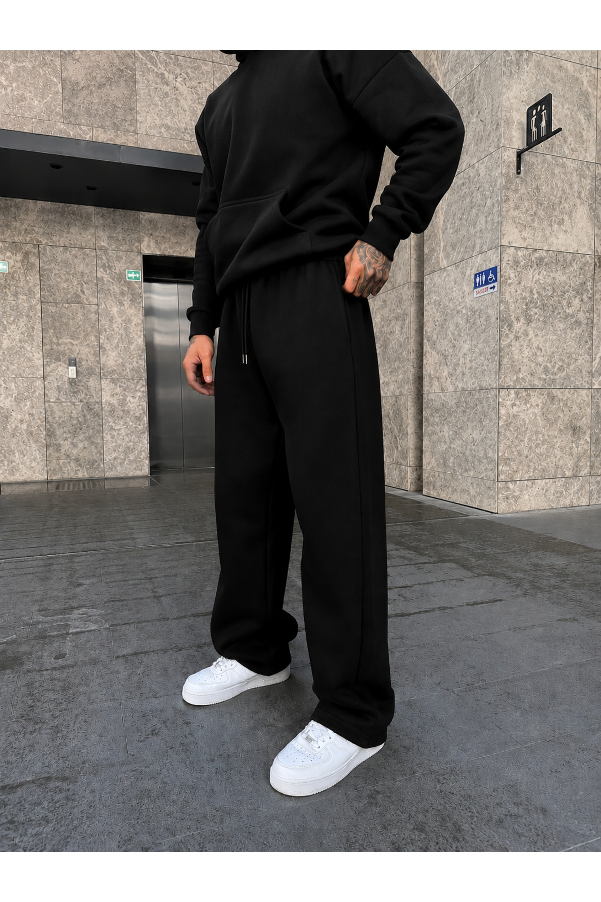 ERKEK Oversize Baggy Kalıp Uygun Basic Günlük Eşofman Takımı — مشکی BRNSFTK7 — تصویر 2 از 4