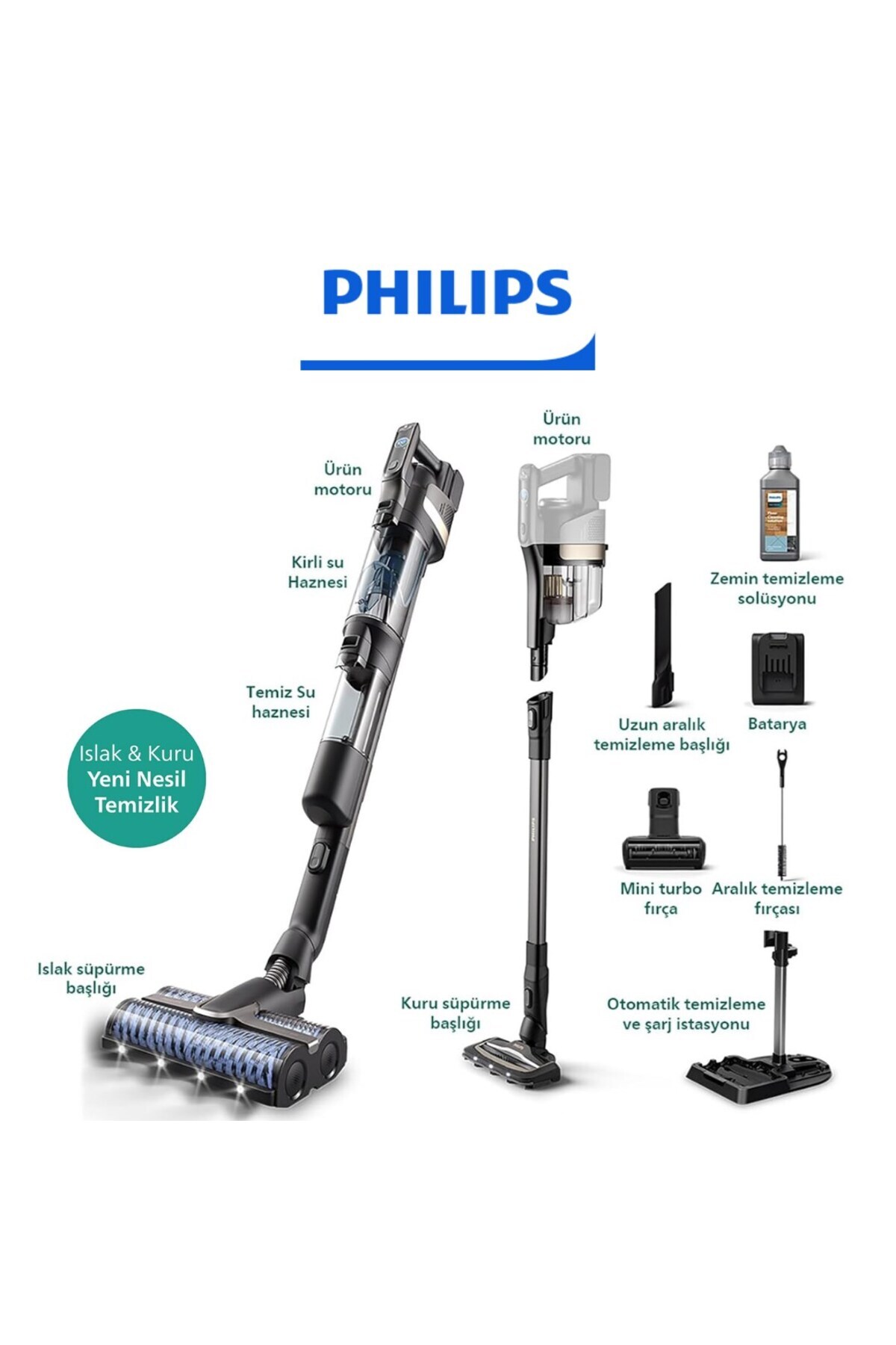 Philips 9000 Serisi AquaTrio Kablosuz Dikey Süpürge, Otomatik Temizleme ve Şarj İstasyonu, AquaSpin