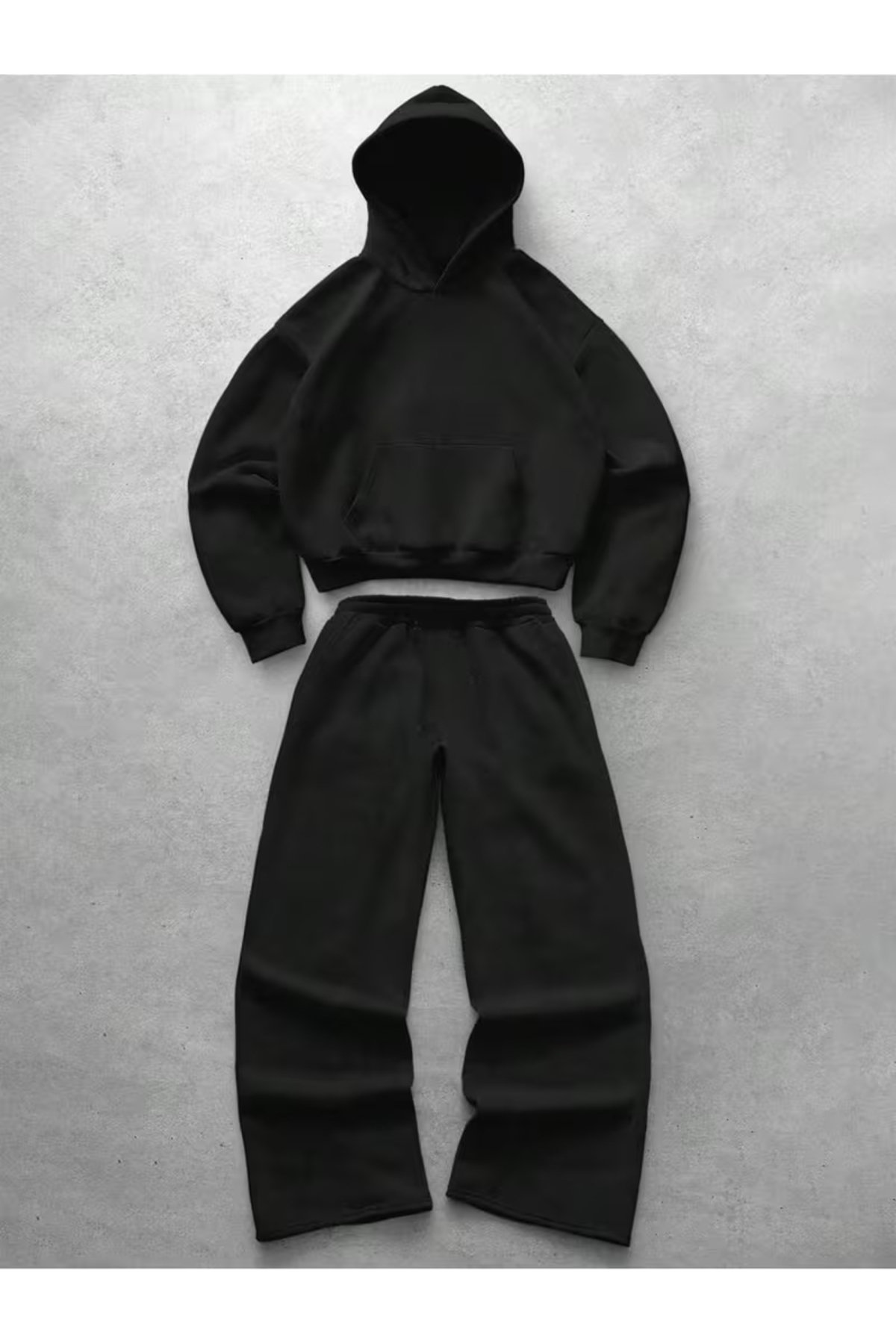 Unisex Kadın Erkek Baskısız Oversize 3 İplik Kapüşonlu Hoodie ve Baggy Eşofman Altı — مشکی macklines2026bgy