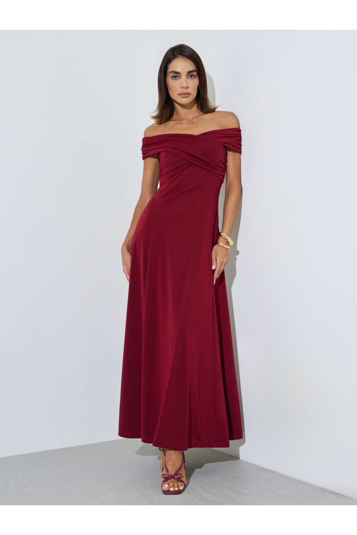 Styli Burgundy Off-Shoulder A-Line Maxi Evening Dress