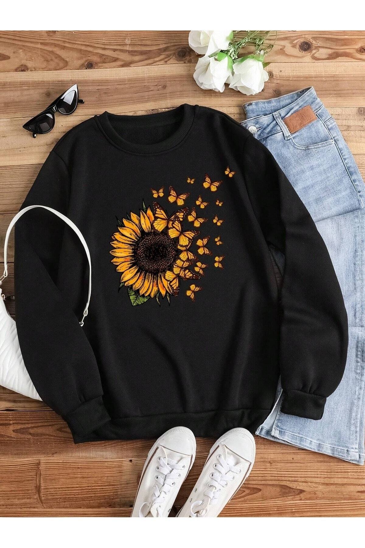 JENOLAN Sunflower Butterfly Printed Crew Neck Unisex Black Oversize Sweatshirt