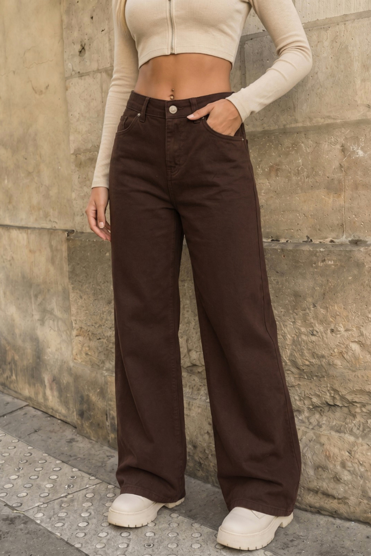 BİKELİFE Kahverengi Yüksek Bel Wide Leg Bol Paça Palazzo Kot Pantolon görsel 3