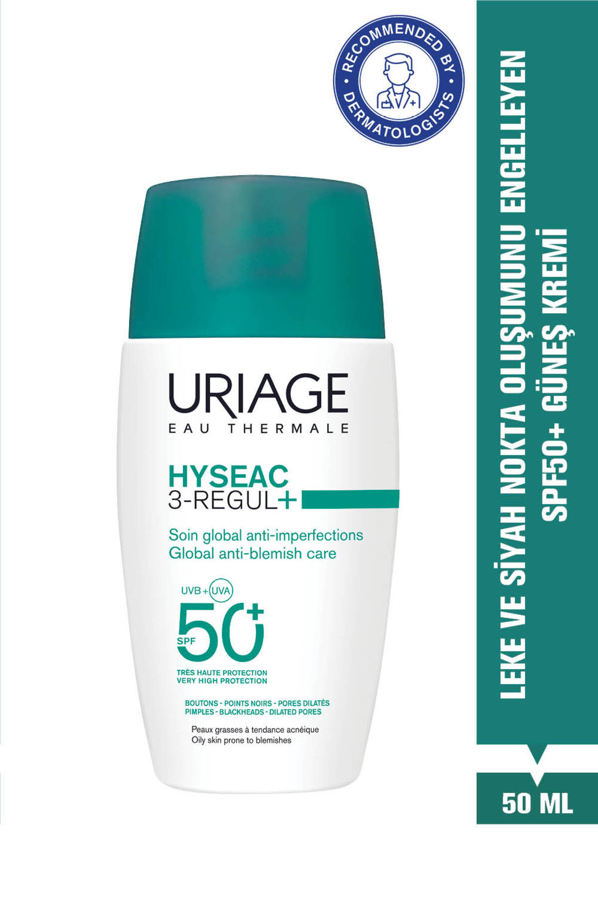 Uriage HYSEAC 3Regul+ Karma ve Yağlı Ciltler için Leke ve Siyah Nokta Oluşumunu Önleyen SPF50+ Güneş Kremi — 3661434027901