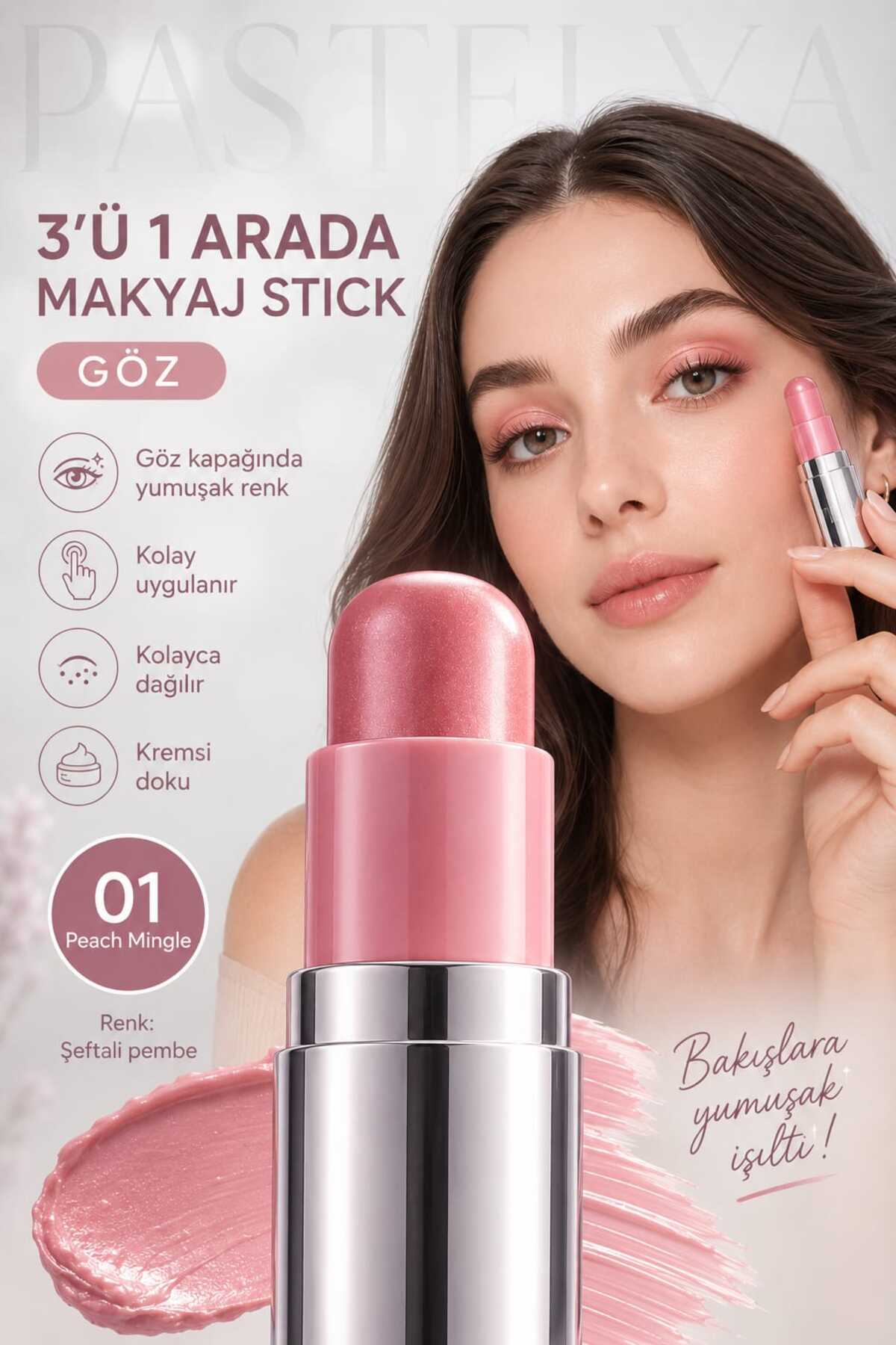 3’ü 1 Arada Makyaj Stick – 01 Peach Mingle (Şeftali Pembe) - DUDAK, YANAK ve GÖZ — صورتی 3in1Stick — تصویر 4 از 5