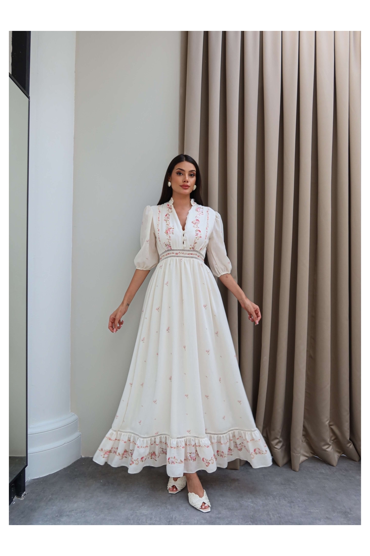 ESRAHELVACI Watermelon Sleeve Floral Long Linen Dress