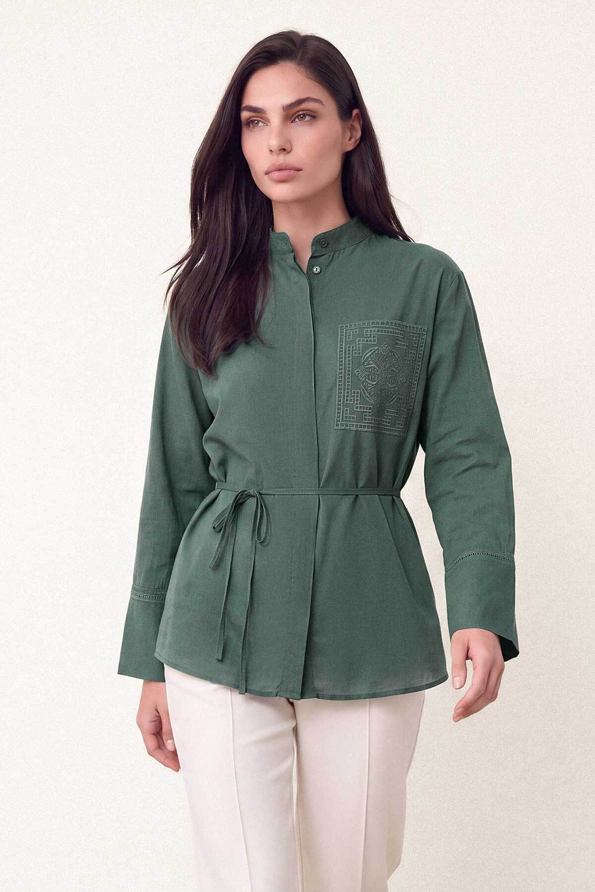 Hooopstore Nakış Detaylı Basic Ada Çayı Gömlek görsel 4
