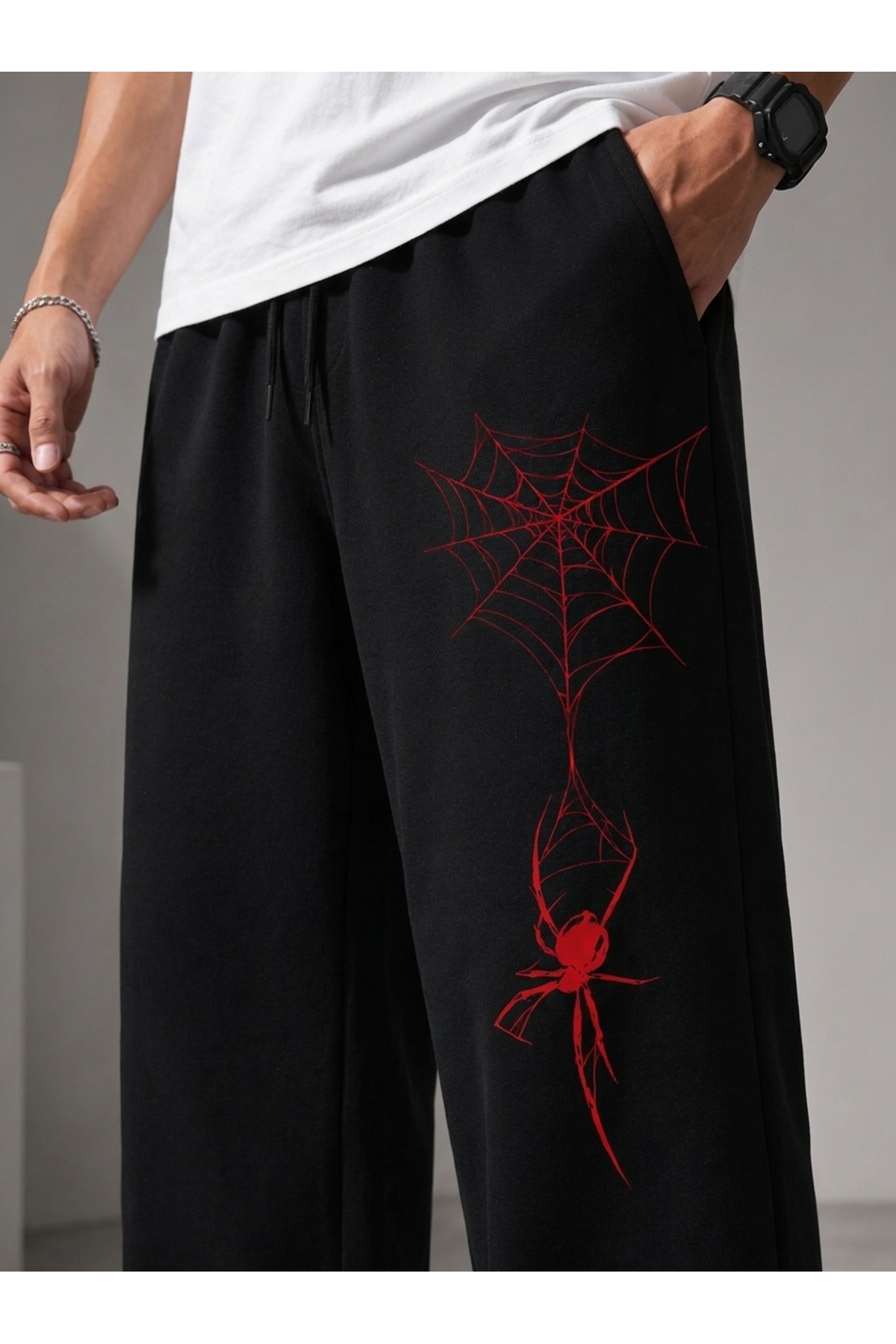 ZAVIXO Örümcek Ağı Baskılı Geniş Paça Pantolon Bol Kesim Lastikli Bel Streetwear görsel 3