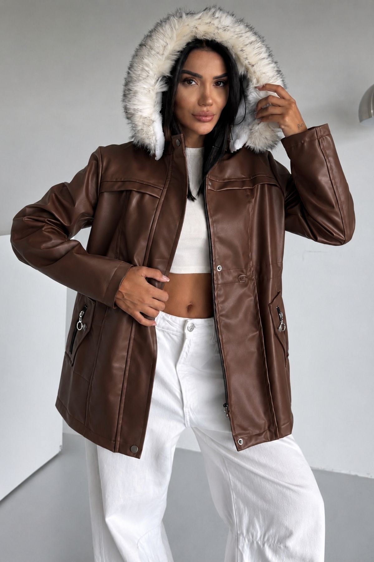 HİRAMİR Deri İçi Kürklü Kapüşonlu Mont KS2508 görsel 4