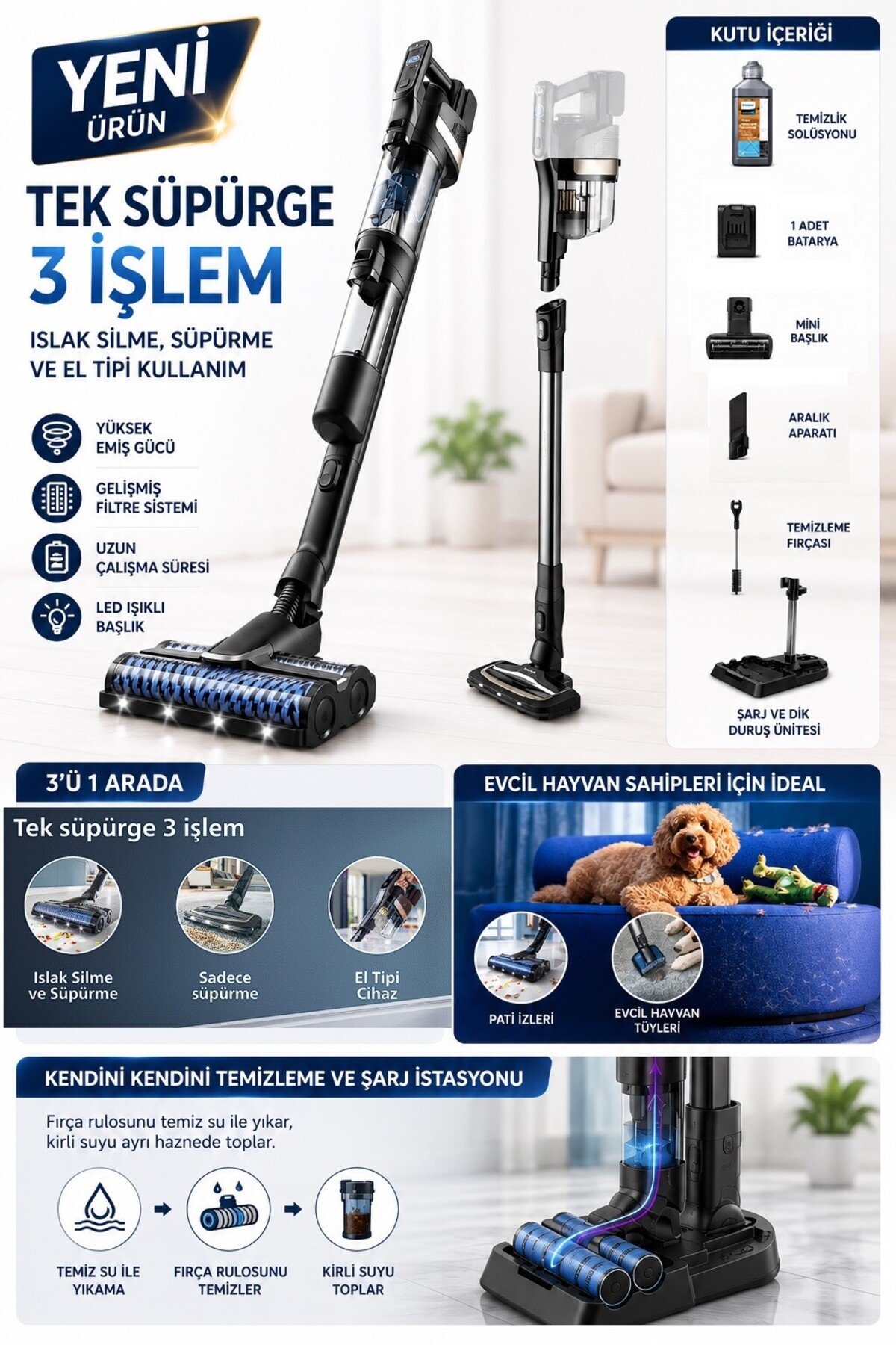 Philips Tek Süpürge 3 Işlem, Otomatik Temizlik, LED Işıklı Başlık