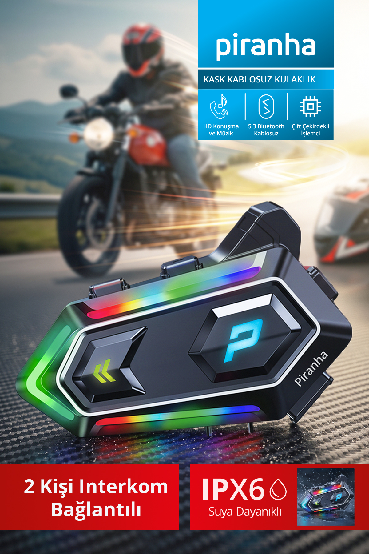 Piranha 7040 Motosiklet Kask Interkom Kulaklık | Bluetooth 5.3, Çift Kişi Bağlantı, RGB Işık | IPX6 Su Geçirm