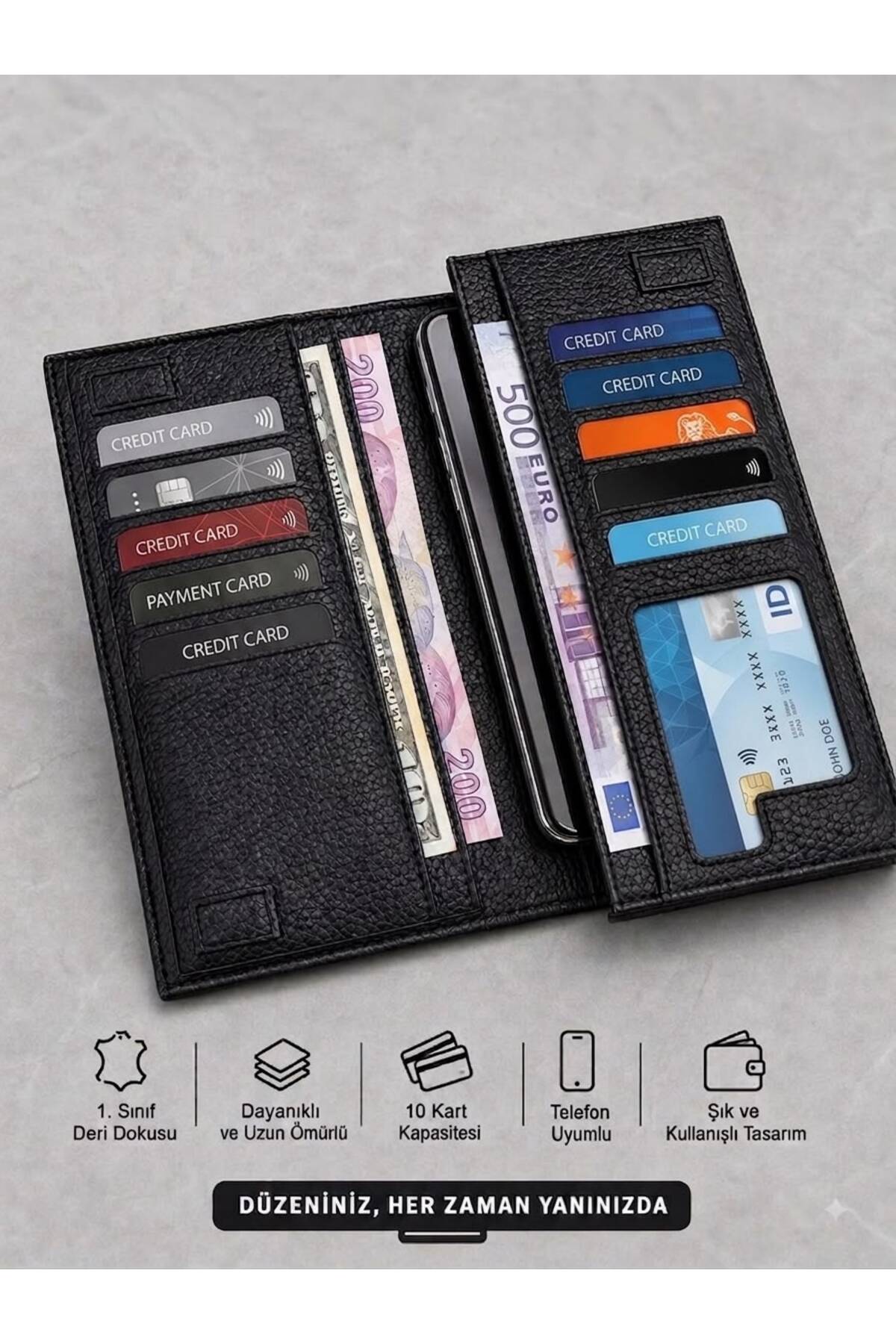 JR Boutique Erkek Siyah Suni Deri El Çantası Cüzdan Telefon Bölmeli Çoklu Kartlık Portföy görsel 3