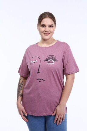 تصویر از Kadın Büyük Beden Baskılı Yarım Kol T-shirt Açıkbordo Plwm21ts001