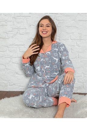 Plr-p-9001 Gri Kadın Önden Düğmeli Polar Pijama Takımı 2206072141926