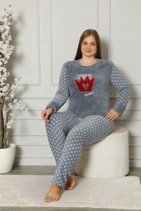 Kadın Gri Queen Yazılı Puanlı Desenli Polar Peluş Pijama Takımı TYC00248560283