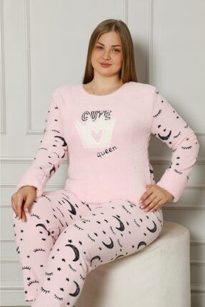 Kadın Pembe Queen Yazılı Ay Yıldız Desenli Polar Peluş Pijama Takımı MK192-3