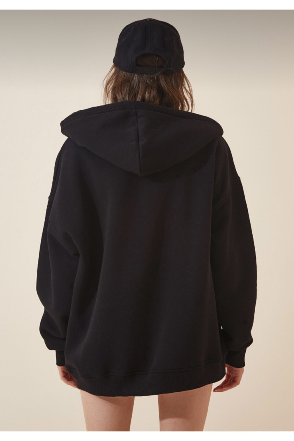 JAKARLI  Unisex Kapüşonlu Siyah Fermuarlı Şardonlu Oversize Kalın Sweatshirt - Görsel 5