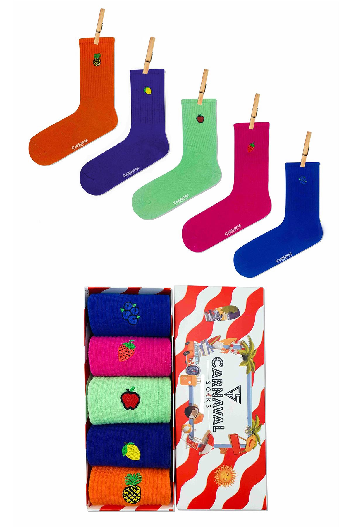 CARNAVAL SOCKS 5'li Nakışlı Meyve Set Desenli Renkli Çorap Kutusu