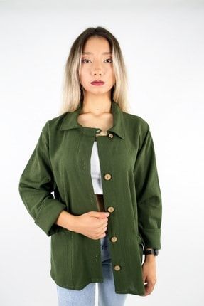 Pamuk Keten Mevsimlik Gömlek Ceket Koyu Yeşil yakası dugmelı ceket buldan bezi