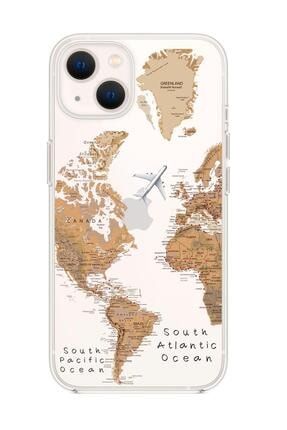 Iphone 13 Mini Uyumlu Dünya Harita Desenli Premium Silikonlu Şeffaf Telefon Kılıfı dunyaharita13msf