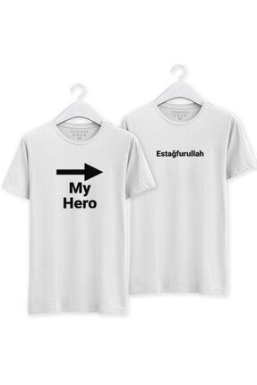My Hero -> Estağfurullah Baskılı Sevgili Kombini Beyaz Basic Regular T-shirt TSFN0111