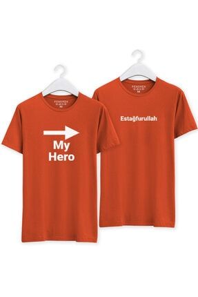 My Hero -> Estağfurullah Baskılı Sevgili Kombini Turuncu Basic Regular T-shirt TSFN0111