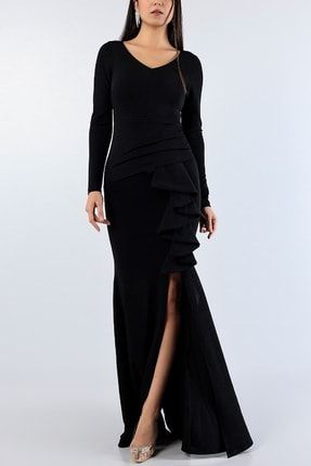 Kadın Siyah Esnek Krep Kumaş V Yaka Uzun Kolluyırtmaç Detaylı Abiye Elbise Emr-099 MC-EMR-099-79293