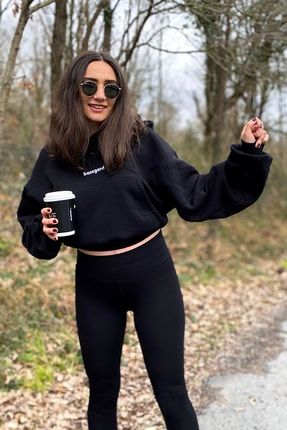 Kadın Siyah Şardonlu Oversize Basic Kapüşonlu Cep Detaylı Sweatshirt basegard1