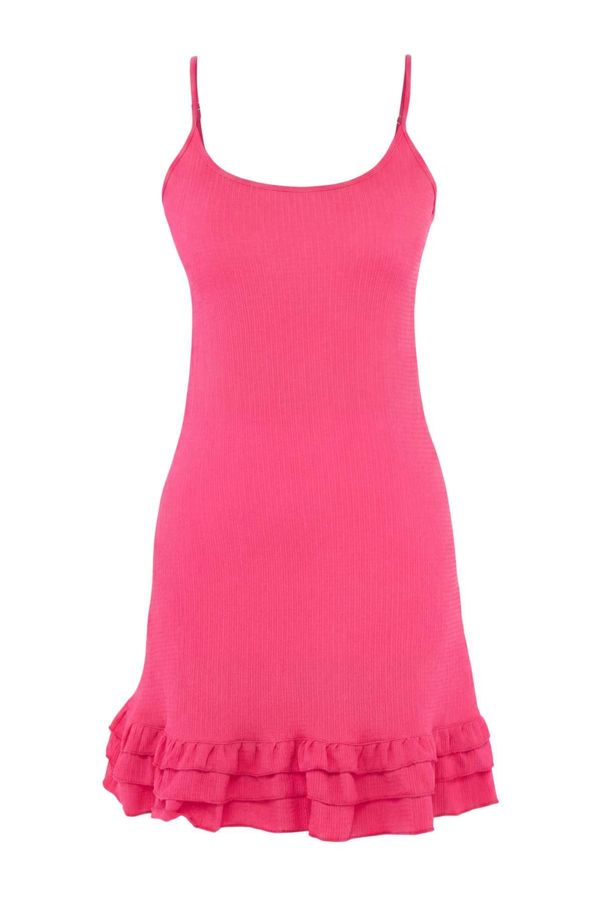 Trendyolmilla Fuşya Örme Süper Mini Fırfır Detaylı Plaj Elbise TBESS26EL00054