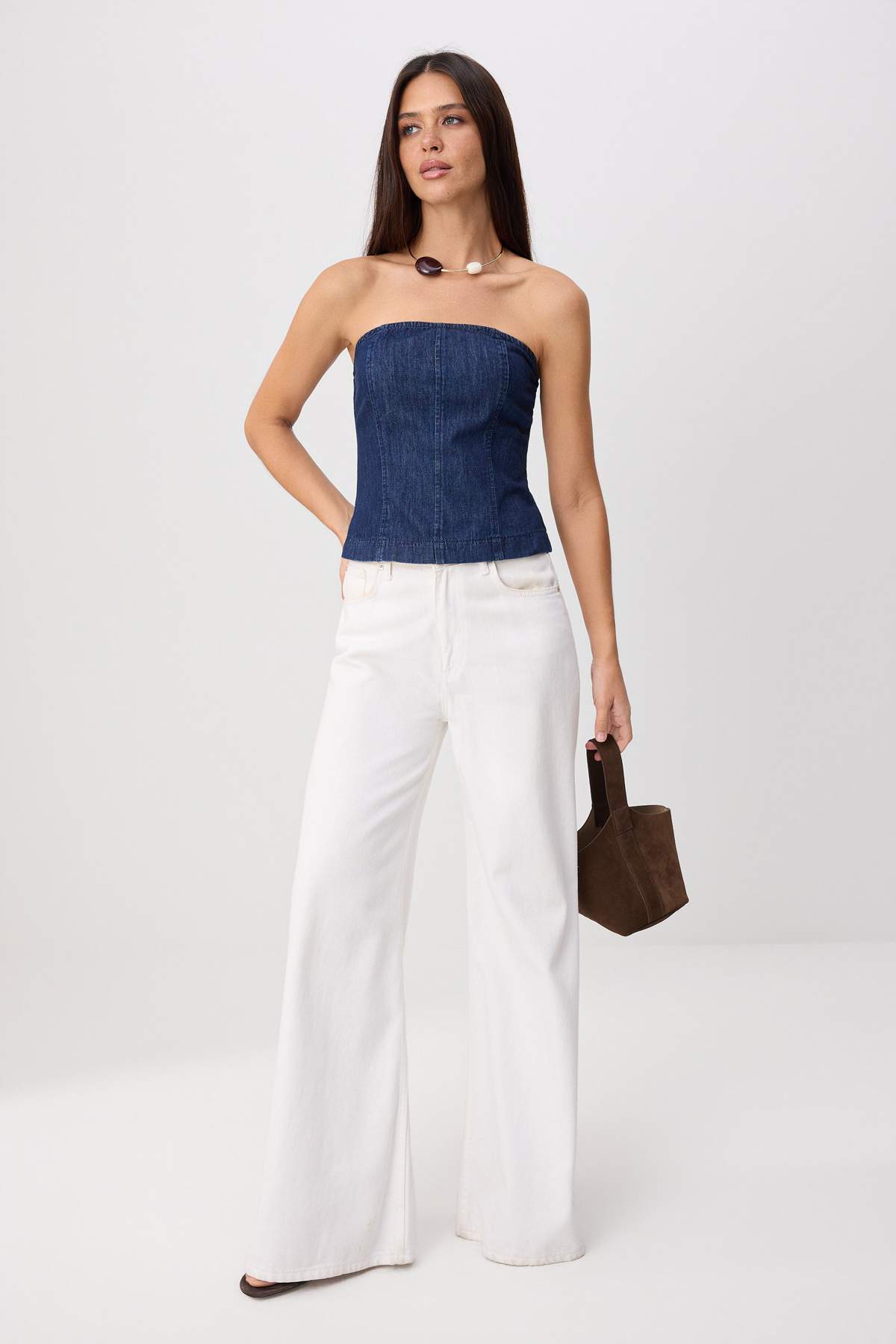 Trendyolmilla Koyu Mavi Raw Straplez Denim Bluz TWOSS26BZ00847