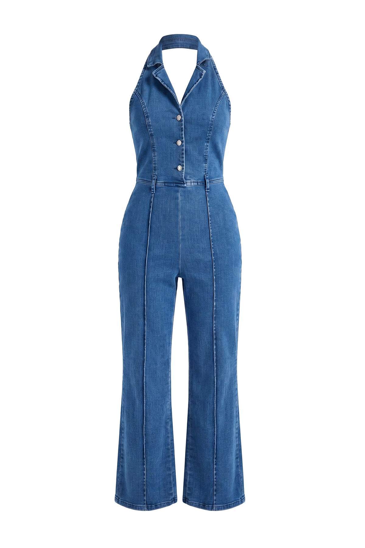 Trendyolmilla Mavi Orta Esnek Halter Yaka Kemerli Denim Tulum TWOAW27TU00002