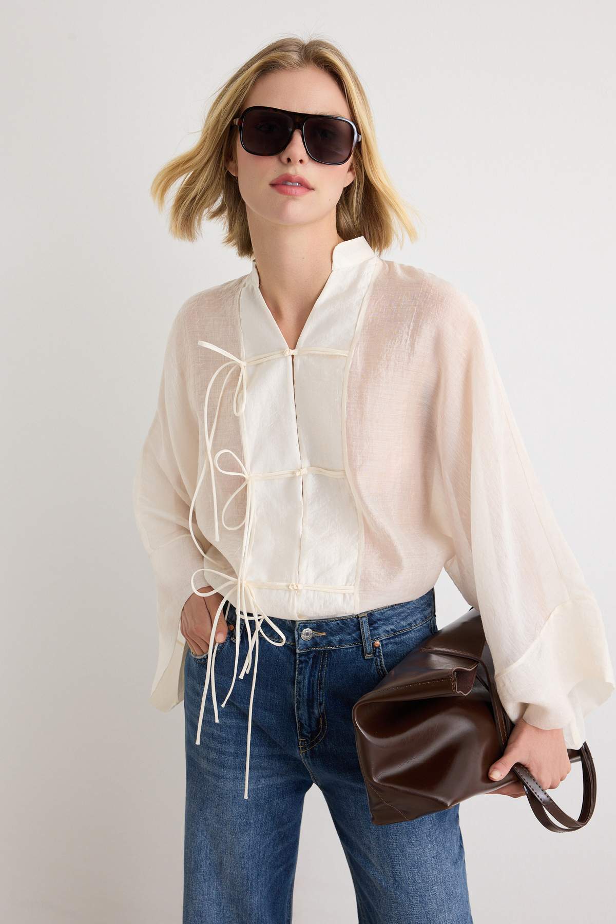 Trendyol Collection White Tie-Dye Light Transparent Shirt Twoaw27Go00074