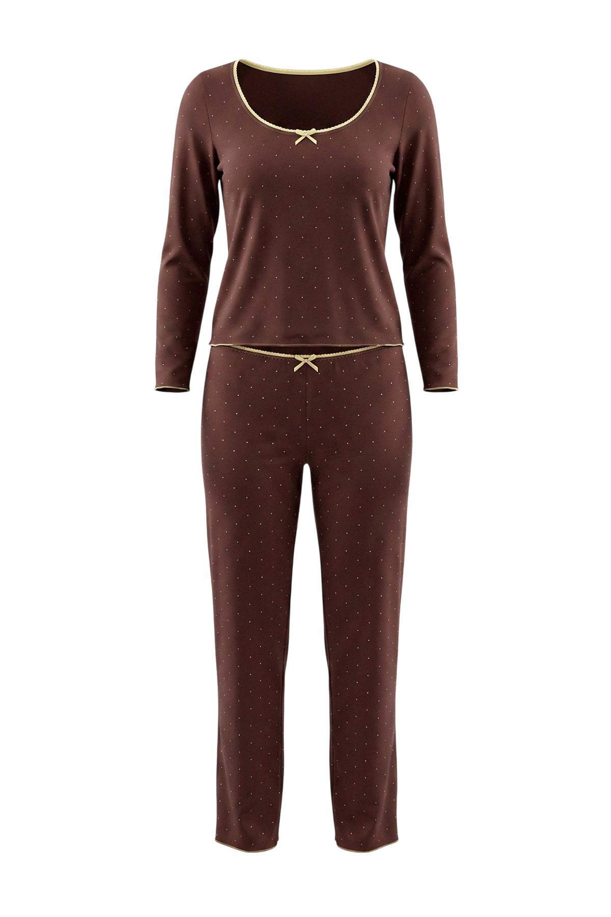 Trendyolmilla Kahverengi Pamuklu Yumuşak Tuşe Likralı Puantiyeli Dantel Detaylı Örme Pijama Takımı THMAW27PT00024