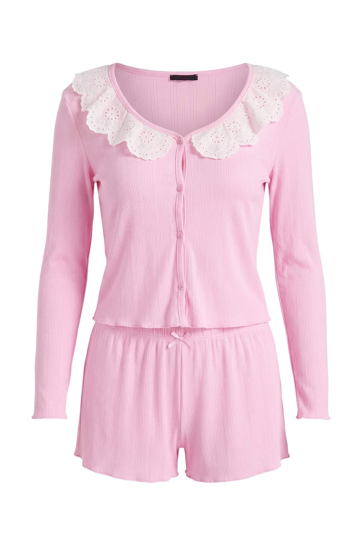 Trendyolmilla Pembe %100 Pamuklu Yaka Detaylı Pointel/Fitilli Örme Pijama Takımı THMAW27PT00044