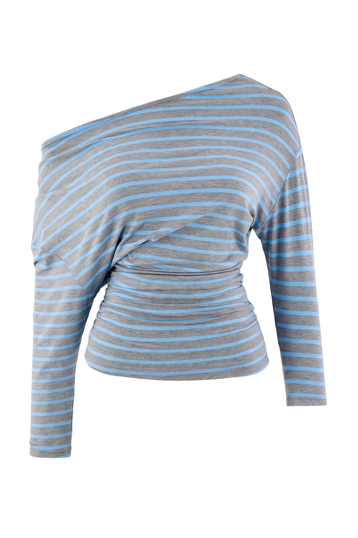 Trendyol Collection Gray Melange-Blue Striped Asymmetrical Collar Belted Waist Knitted T-Shirt Twoaw27Ts00054