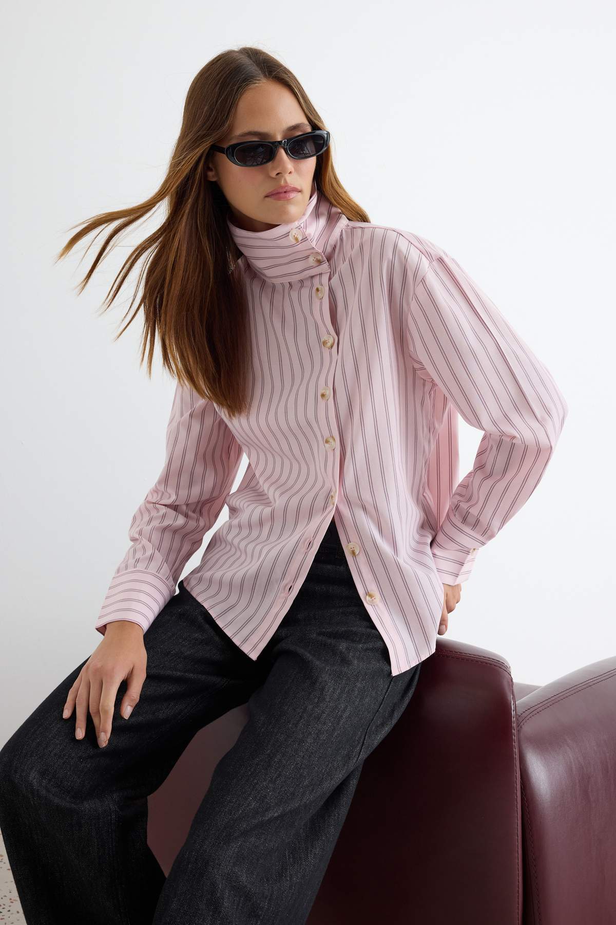 Trendyol Collection Pink-Multicolor Stand-Up Collar Striped Shirt Twoaw27Go00110