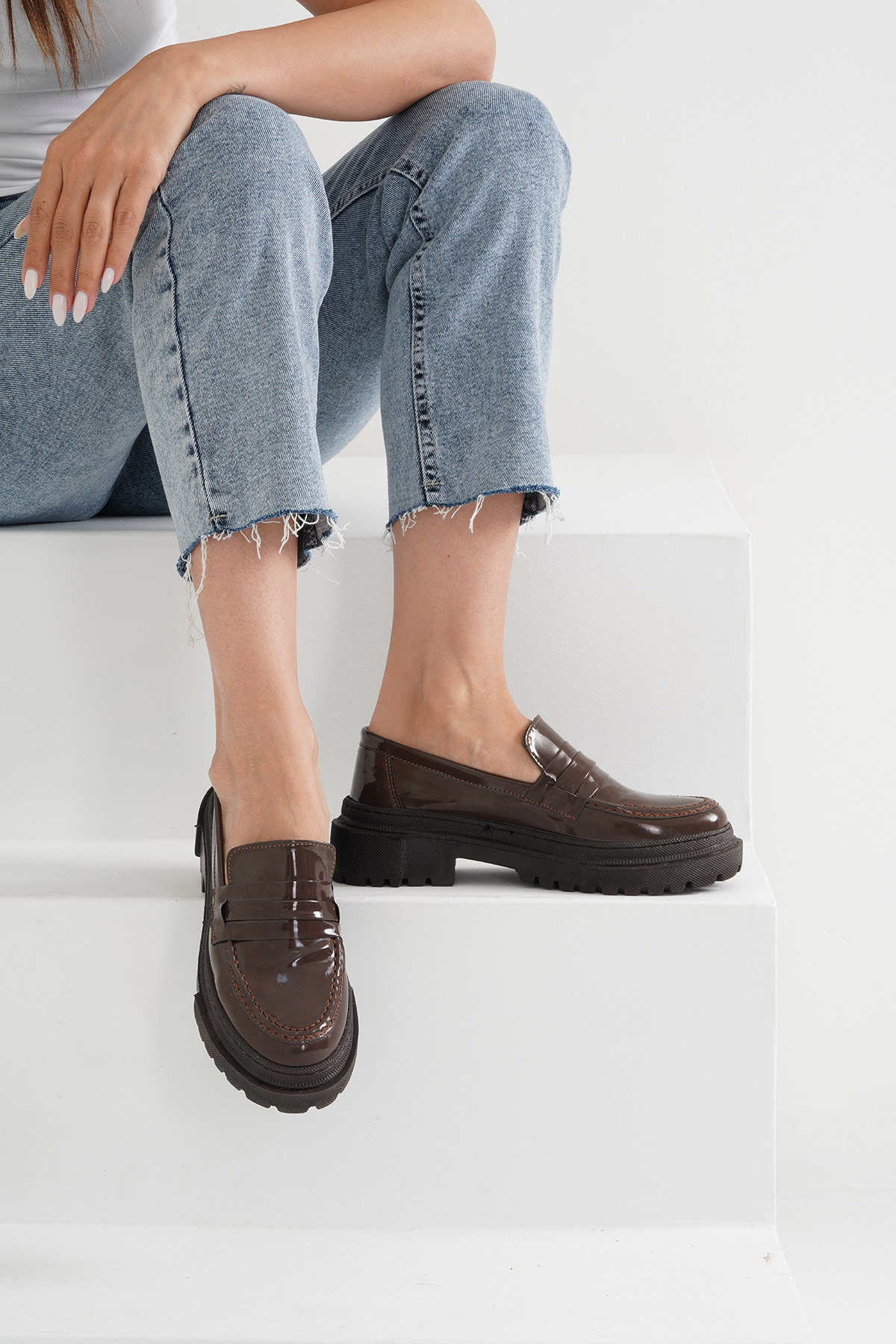 Beyond Kadın Kahverengi Rugan Corteko Kalın Taban Loafer Makosen Ayakkabı 4,5cm BYNDLFRK02 görsel 4