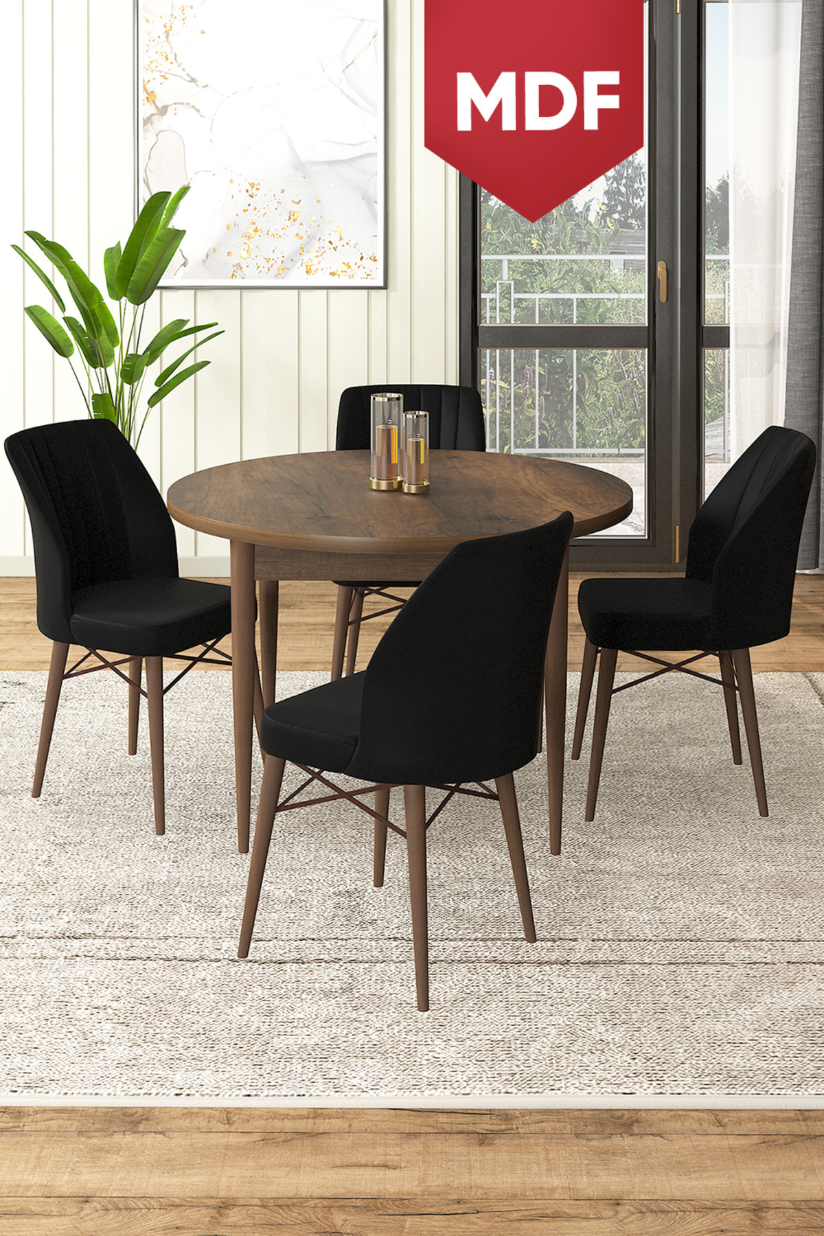 Rox Series MDF Round 90x90 Baroque Wood Patterned Fixed Table 4 Black Chairs Kitchen Table Set