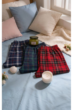 Pijahane 3’lü Ekose Pijama Altı Set - Yeşil Lacivert Ekose Desenli , Lacivert...