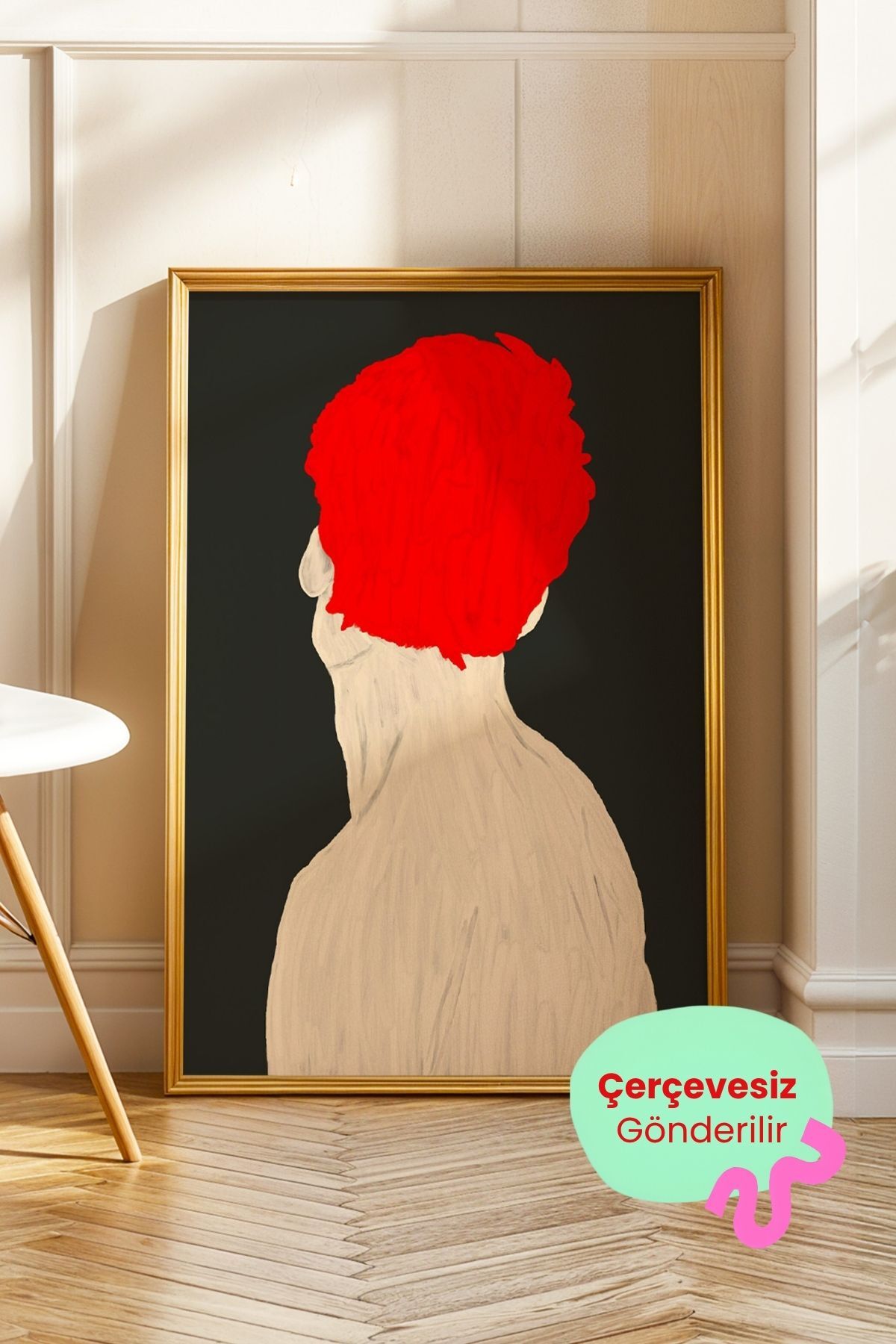 Modern Portre Tablo Kırmızı Saçlı Figür Poster Minimal Sanat Duvar Dekoru Çerçevesiz