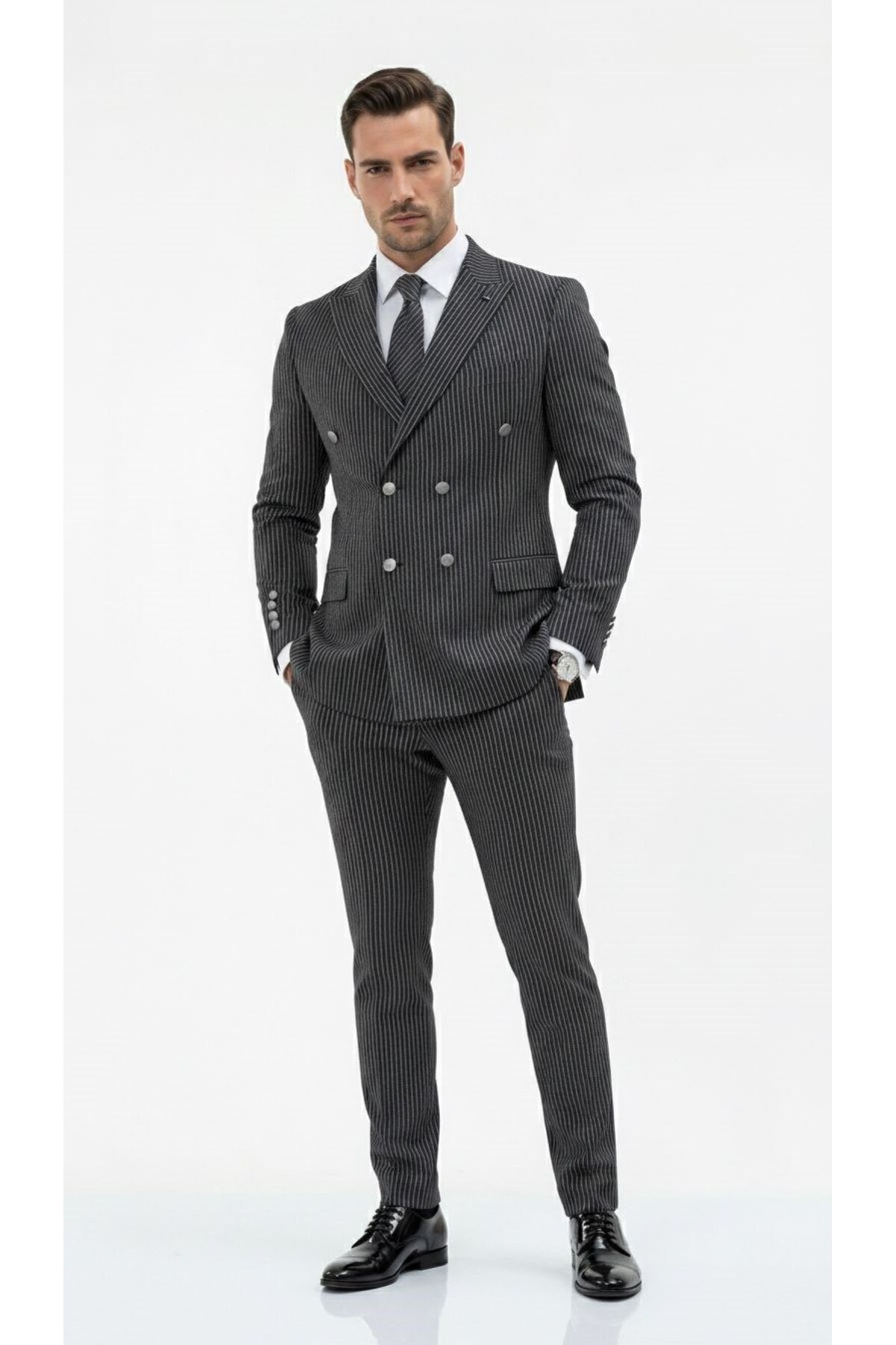 İtalyan Kesim Kruvaze Takım Elbise – Modern Slim Fit – Çizgili Kumaş Detaylı — سرمه‌ای PRA-13343985-802781 — تصویر 3 از 7