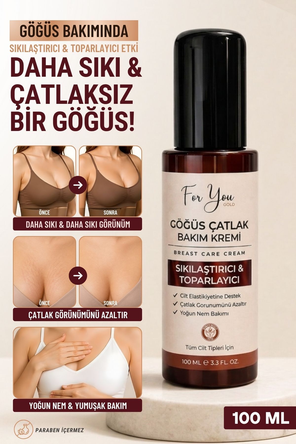For You Gold Göğüs Çatlak & Sıkılaştırıcı Bakım Kremi, Toparlayıcı Etkili Çatlak Kremi 100 ml