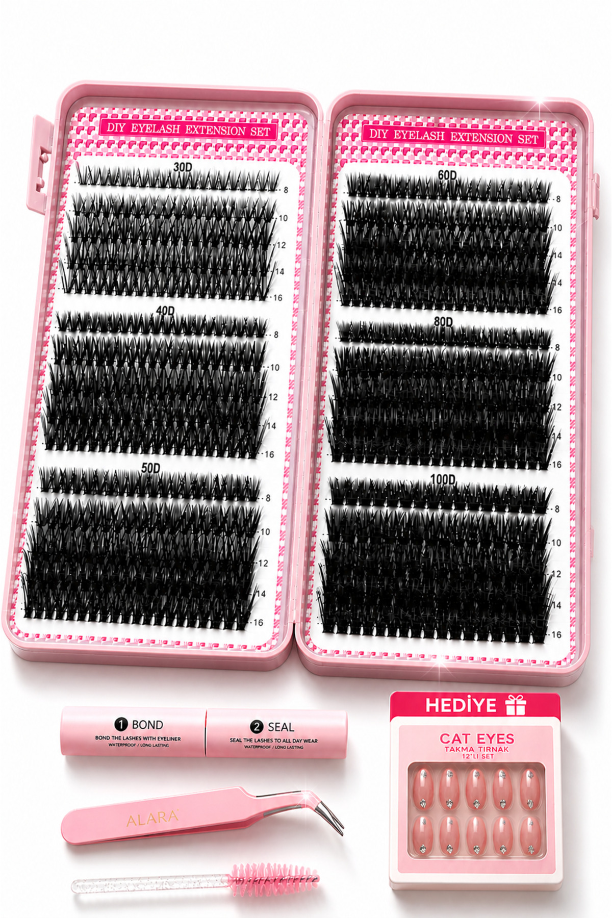 Alara’nın Kirpik Koleksiyonu 600 Demet Cluster Takma Kirpik Seti D Curl 30D 40D 50D 60D + Bond Seal Uygulama Kiti + Cat Eyes 12’li Takma Tırnak Hediyeli — ALR*GUZELLIKKIT600 — تصویر 6 از 7