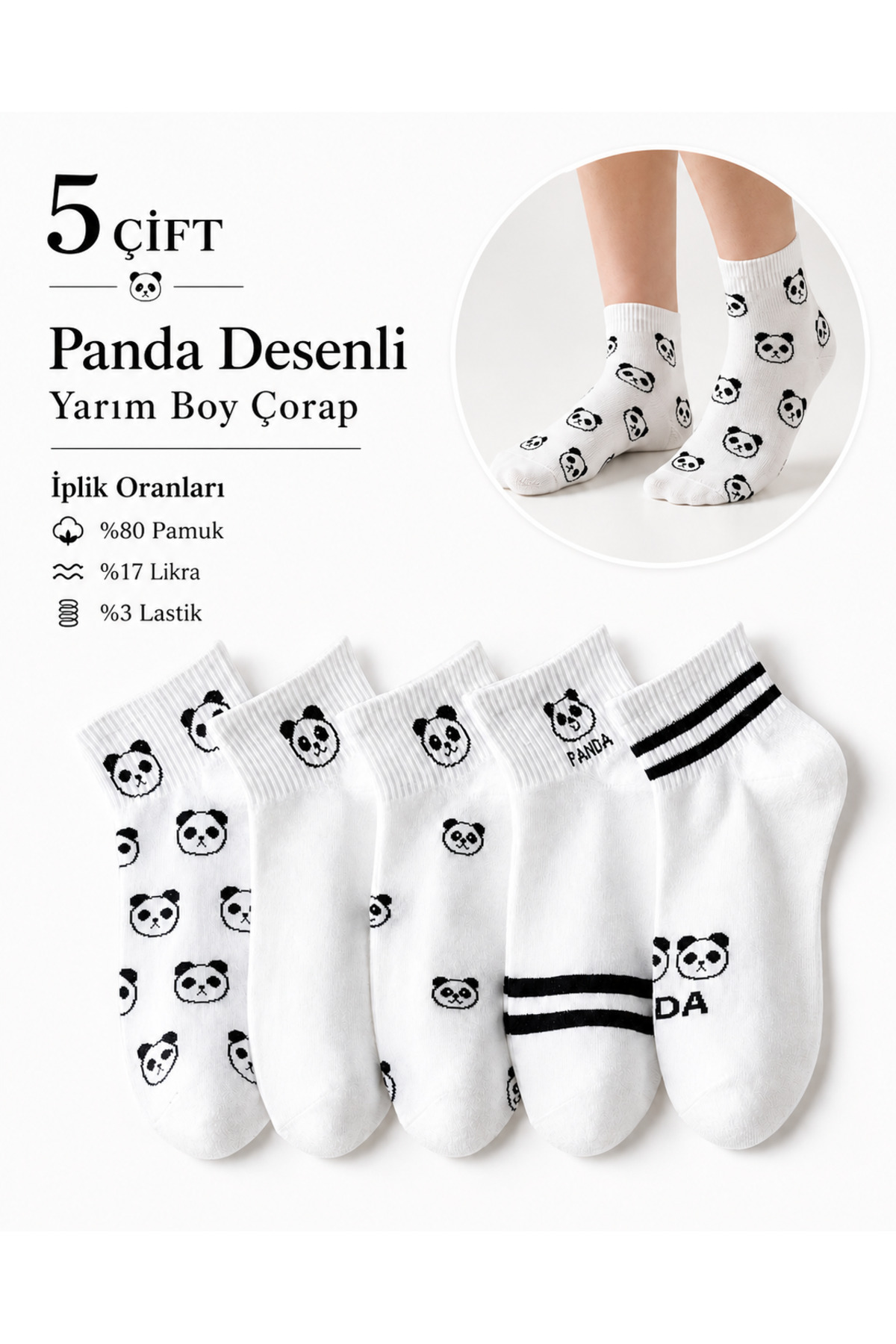 5-Pack Panda Patterned Booties Wrist Socks 5 Pairs
