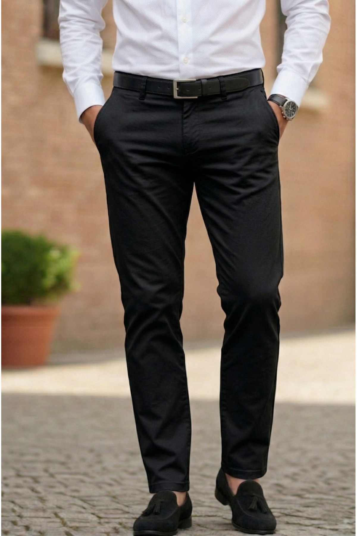 TheSeason Erkek Siyah Gabardin Pamuklu Slim Fit Esnek Ofis Stili Chino Pantolon