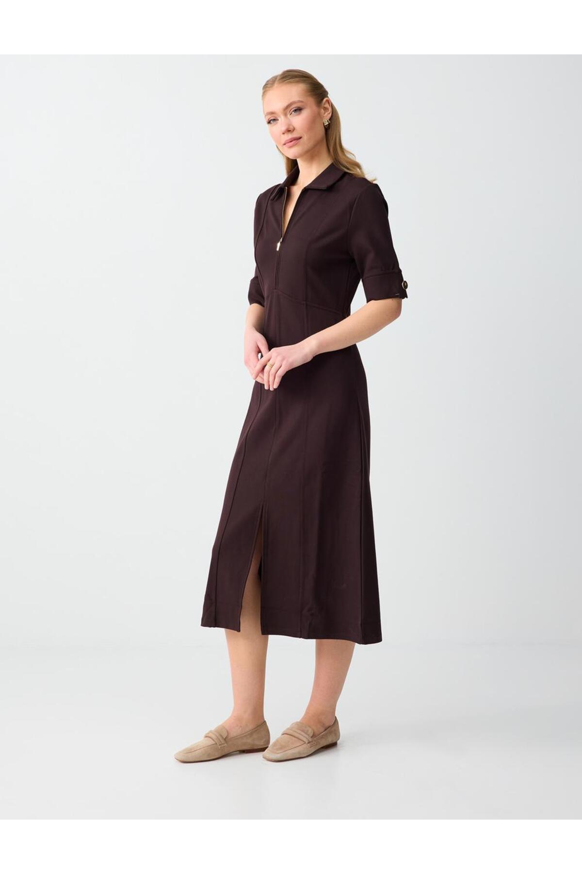 Jimmy Key Bitter Brown Polo Collar Elbow Sleeve Knitted Midi Dress
